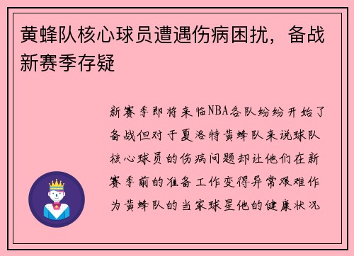 黄蜂队核心球员遭遇伤病困扰，备战新赛季存疑