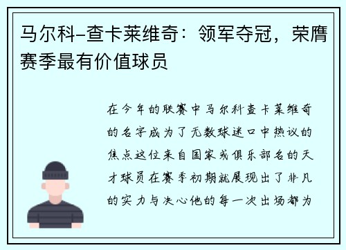 马尔科-查卡莱维奇：领军夺冠，荣膺赛季最有价值球员