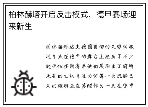 柏林赫塔开启反击模式，德甲赛场迎来新生